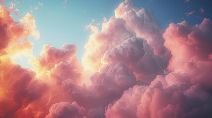 Fluffy clouds in serene blue sky during sunset create tranquil atmosphere, evoking feelings of peace and wonder. soft hues blend beautifully, enhancing natural beauty