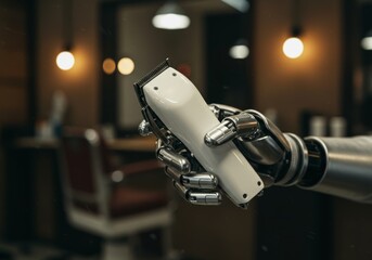 A photograph of a silver modern robot hand holding a white hair cutting machine, blending technology with grooming tools

