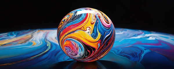 Obraz premium Vibrant abstract art creation featuring a colorful sphere on a swirling backdrop