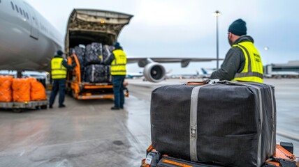 Ground crew load luggage onto an aircraft at an airport, showcasing the logistics of air travel and cargo handling.