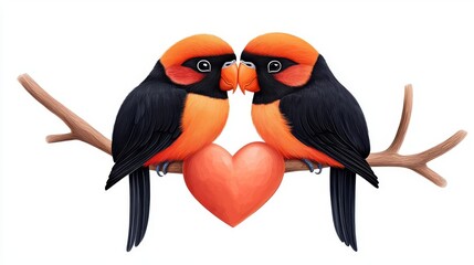 Obraz premium Two vibrant birds sharing a heart on a branch.