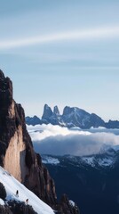 Adventurers climbing rugged mountain at sunrise outdoor adventure travel dramatic angle shot scenic landscape