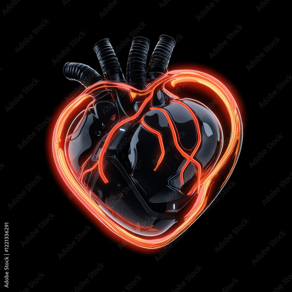 Poster futuristic robotic heart glowing with surreal elements digital realm abstract art dark environment c