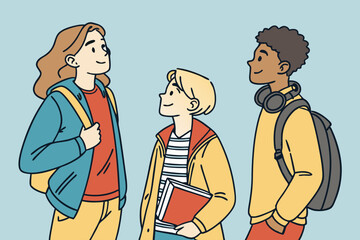 University friends talking and walking against blue background
