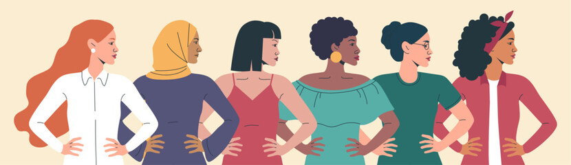 Women day. Strong woman, girl power or equal group silhouette. Arab, african and asian feminism community support. Celebrational banner design. Vector cartoon flat style isolated illustration