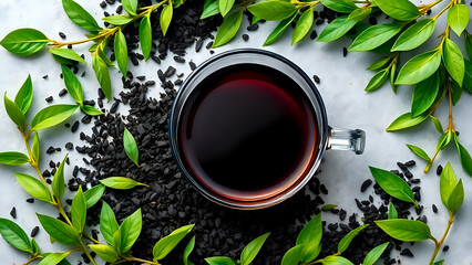 Fresh, vibrant green tea leaves and sprigs frame the black tea cup and leaves, creating a border effect around the composition.