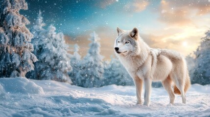 Obraz premium Majestic Wolf Standing in Snowy Landscape with Glistening Fur, Capturing the Serenity of Nature in a Winter Wonderland