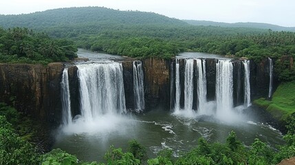 Fototapeta premium Majestic Waterfall Cascading Down Lush Green Cliffs