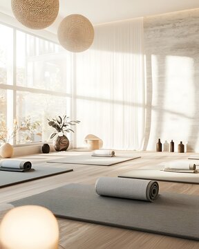 A yoga studio with a lot of natural light and a few plants