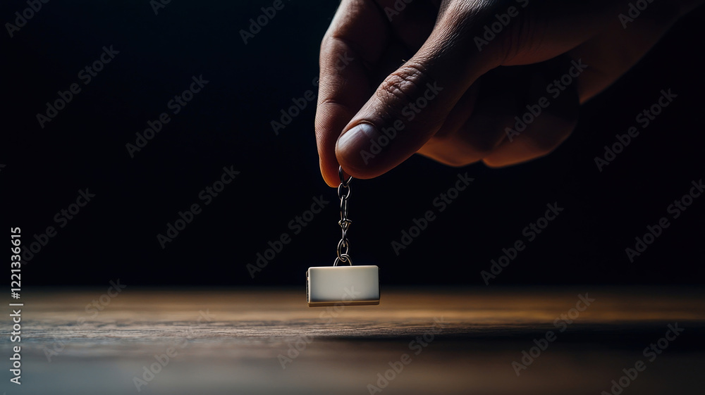 Poster a hand holds a keychain with a 