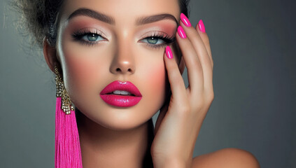 Fototapeta premium Beautiful model girl with pink fuchsia manicure on nails . Fashion makeup and cosmetics . Large earrings tassels jewelry Magenta color . 