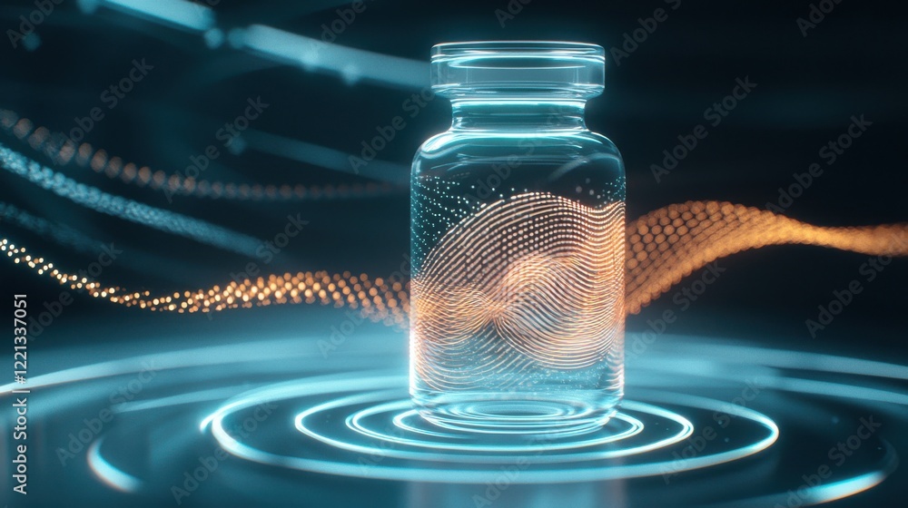 Poster digital patterns emanating from abstract glowing vial futuristic environment 3d visualization