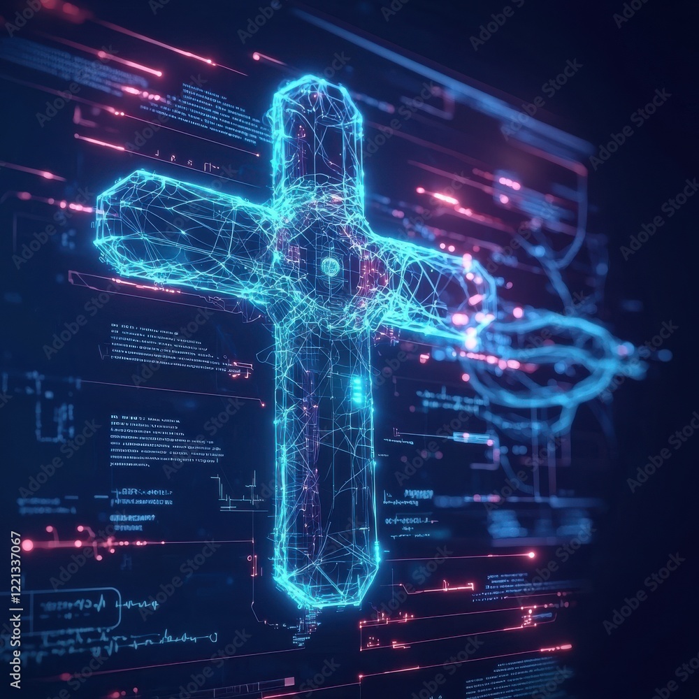 Poster futuristic digital medical interface with glowing cross and sci-fi elements virtual environment -tec