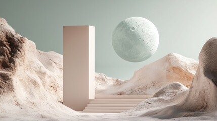 Surreal scene with abstract desert and floating celestial objects