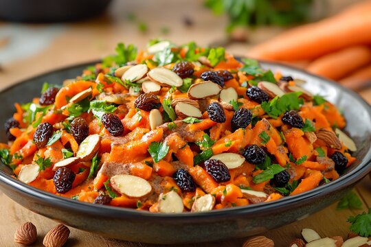A zesty Moroccan carrot salad with raisins, almonds, and a cinnamon cumin dressing.