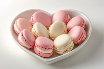 Fototapeta premium Heart-shaped bowl filled with pink and white macarons, perfect for a sweet Valentine's Day treat.