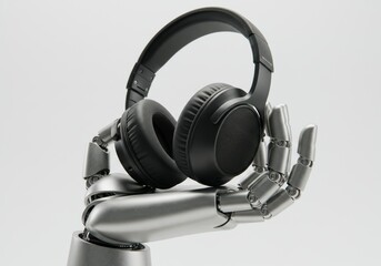A photograph of a headphone on a modern silver robot hand, combining music and technology

