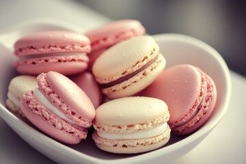 Fototapeta premium Colorful macarons arranged in a white bowl, perfect for celebrating Valentine's Day with sweetness and elegance.