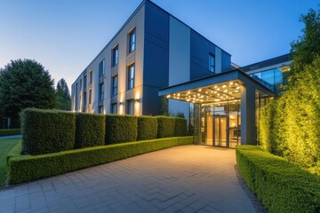 A modern hotel facade with a glass and metal finish, surrounded by neatly trimmed hedges and bright exterior lighting