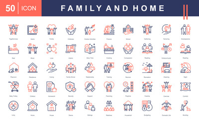 Icons representing Family and Home life, including togetherness, childcare, outdoor activities, nurturing, cooking, family bonding, school, support, and household management. Perfect for family-orient