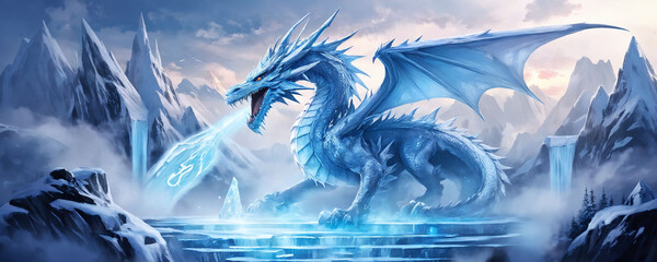 Majestic ice dragon breathes frost over a frozen lake in a mountainous landscape at twilight