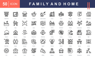 Icons representing Family and Home life, including togetherness, childcare, outdoor activities, nurturing, cooking, family bonding, school, support, and household management. Perfect for family-orient