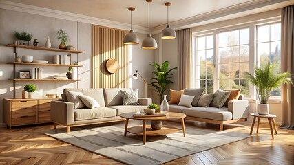 Fototapeta premium Modern interior japandi style design livingroom.
