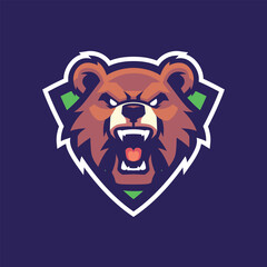 Vector Logo of a Brown bear roaring showing its teeth and claws inside a green and white shield