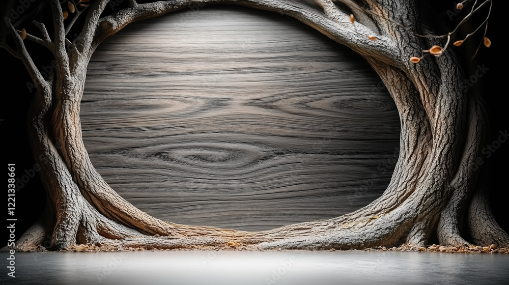 Poster tree trunks and branches framing a circular wooden texture center