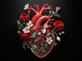 Vibrant red anatomical heart surrounded by delicate flowers against a dark background
