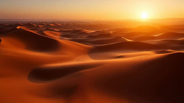 Sahara desert landscape. Sand dunes, sunset sky, red and orange  hot and dry sands, nature, 3d scene,  fpv video animation, drone view