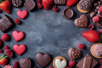 Delicious chocolates, berries, Valentine's Day, romantic, food photography, dessert, love, sweet treats, background, stock image