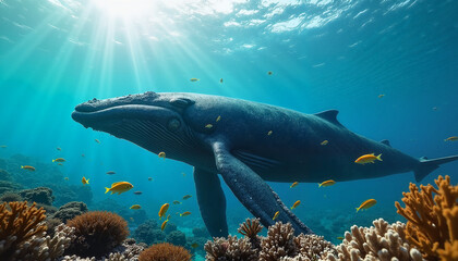 Obraz premium Humpback whale swimming underwater, feeling majestic, surrounded by colorful coral and fish in a vibrant ocean