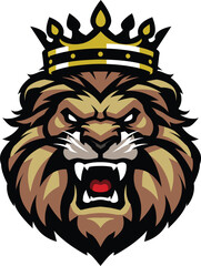 Vector Logo of a Majestic Lion Wearing Golden Crown Roaring Fiercely