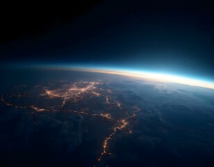 Fototapeta premium Earth horizon from space, orbital view, planet curvature, glowing atmosphere, city lights, nighttime illumination, blue planet, dark space background, celestial photography