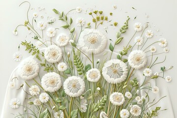 Delicate white dandelion seed heads and daisies arranged with green ferns and wildflowers on light background, creating a romantic spring botanical composition perfect for wedding design.