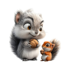 Fluffy 3D Cartoon Character Watching a Squirrel Eating Nuts Isolated on Transparent Background