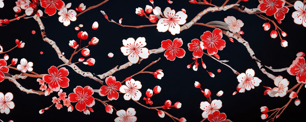 Red and white cherry blossoms adorn a dark background, creating a striking floral pattern