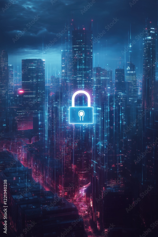 Poster digital security lock symbolizing cybersecurity in futuristic cityscape with neon lights and data st