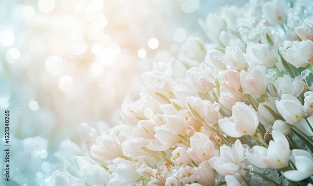 Poster delicate white and pink tulips adorned with dew drops, creating a serene floral background with soft