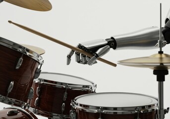 Fototapeta premium A photograph of a modern silver robot hand playing drums, combining music and technology