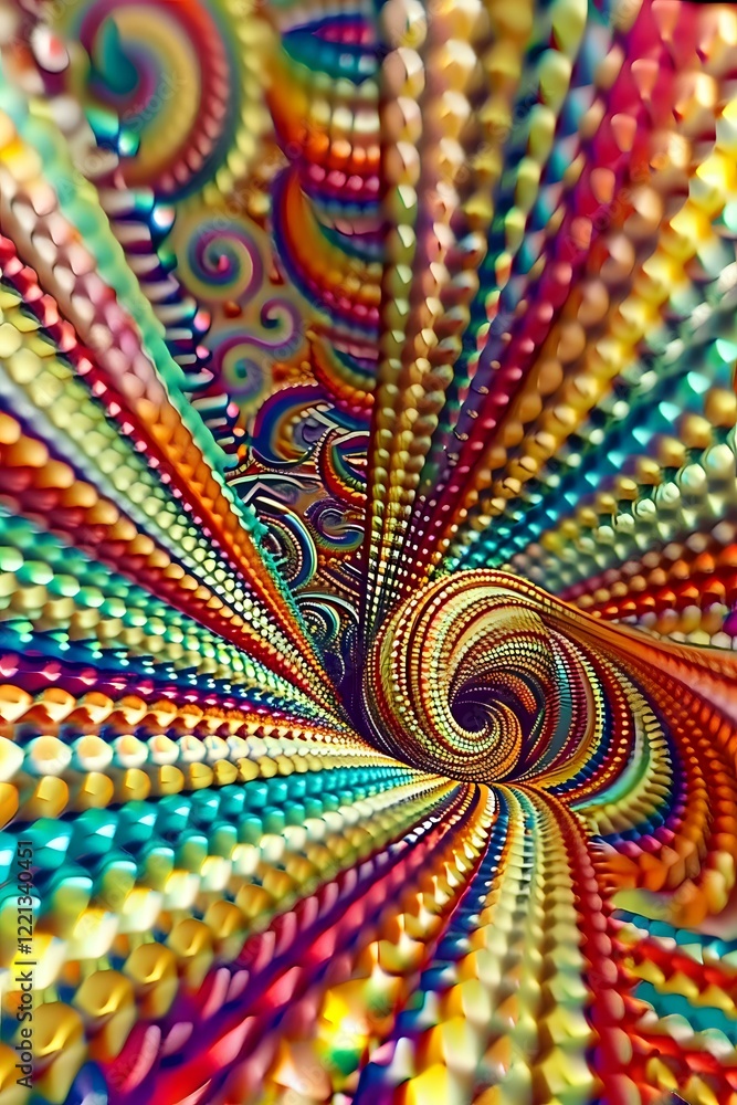 Aufkleber vibrant spiral fractal pattern with colorful beaded texture creating mesmerizing psychedelic effect.