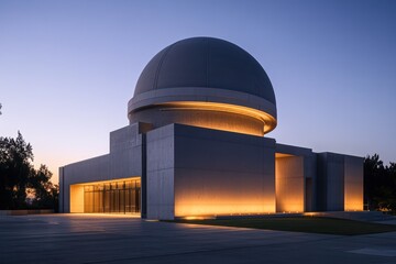 Fototapeta premium A modern observatory with sleek concrete walls, a spherical dome, and subtle lighting illuminating its clean lines