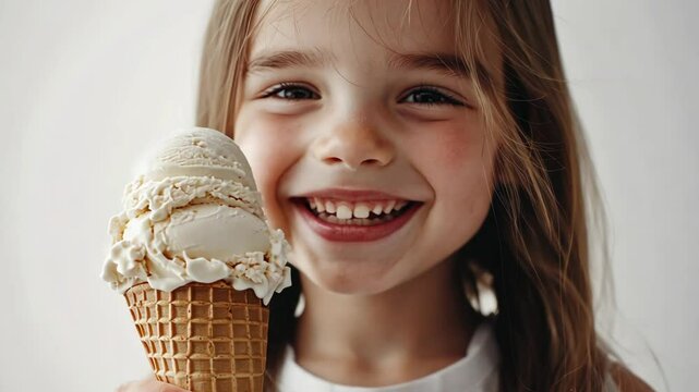 Joyful child enjoys giant ice cream cone with bright smile and delight