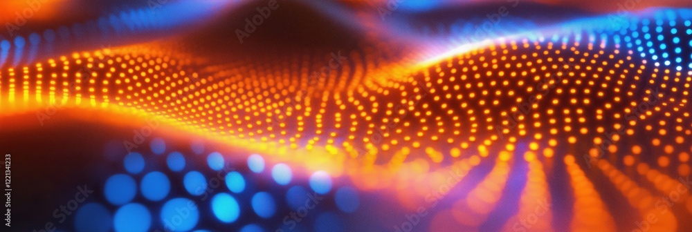 Poster vibrant abstract wave patterns with glowing dots in orange and blue hues, creating a dynamic visual 