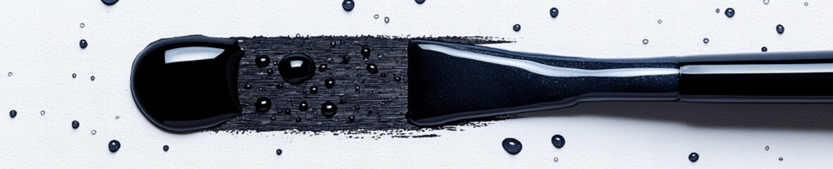 Brush coated with black paint on a clean surface with droplets beside it creating an artistic...