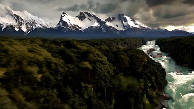 Natural Barriers of Ancient Europe, 3500 BCE Alps, Primeval Forests, and Turbulent River, Drone and Tracking Shots Highlight Geographic Challenges