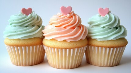 Three delightful cupcakes topped with colorful frosting and heart decorations for a sweet Valentine's Day treat.