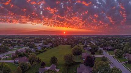 Golden hour shot of suburban neighborhood with vibrant sunset, showcasing lush green lawns and tree lined streets, creating serene and picturesque atmosphere