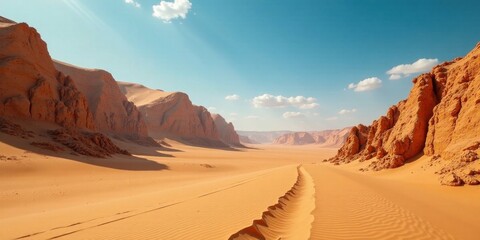 Naklejka premium Arid landscape showcasing majestic sandstone formations under a vibrant, cloud-filled sky, revealing a path winding through the golden sands of a vast desert expanse.